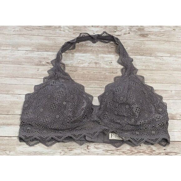 Felina Womens Sz Medium Gray Unlined Halter Adjustable Lace Floral Bralette Bra - Picture 1 of 9